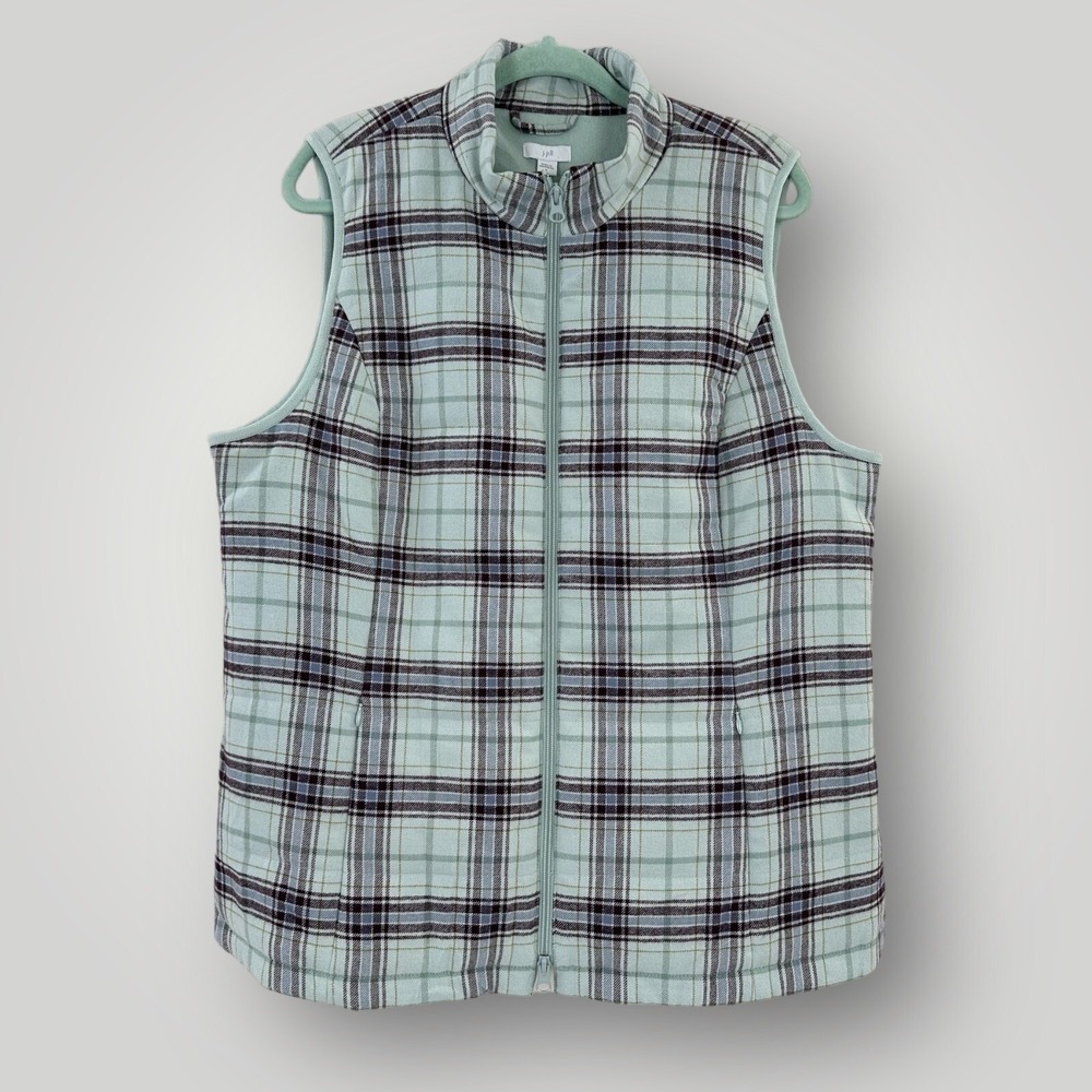 NEW $149 J Jill Jade Plaid Vest Curved Hem Womans L Pockets Fleece Lined NWT